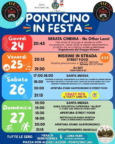 Ponticino in Festa 2026: quattro giorni di eventi, street food, musica e divertimento
